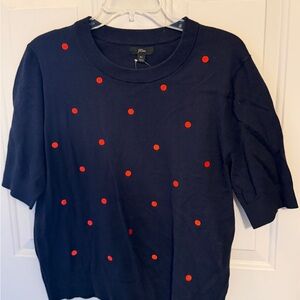 NWT J. Crew Navy Blue Cotton Short Sleeve Sweater w Red Polka Dots